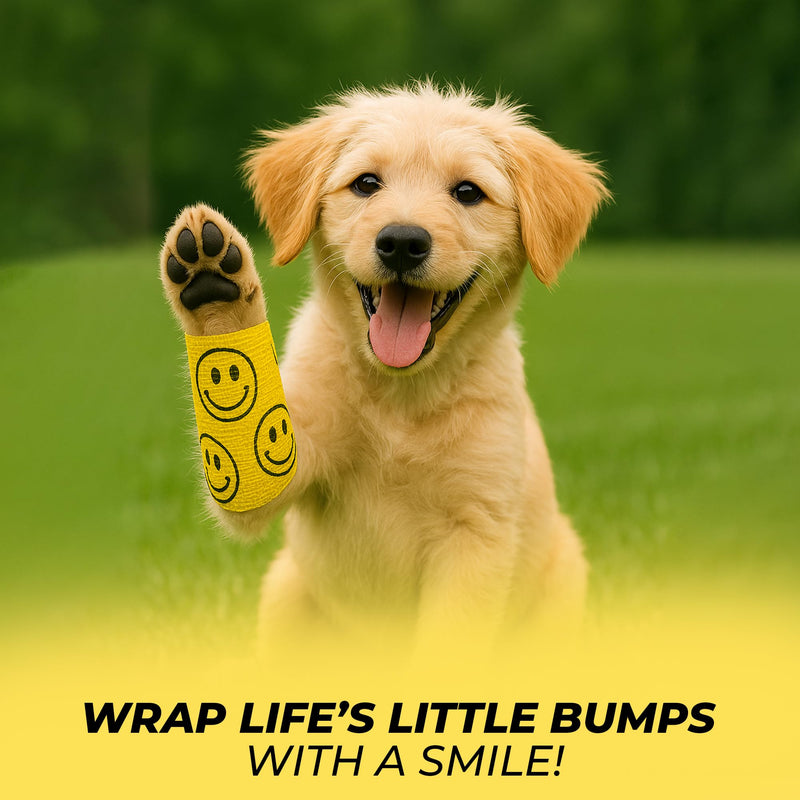 JorVet 4" x 10 Yards Cohesive Bandages | Fun Self-Adhesive Wrap for Animal Wound | Easy Tear, No Scissors Needed | Individually Wrapped Vet Tape, Secure & Flexible | Smiley Face Yellow | Pack of 12 4 Inch