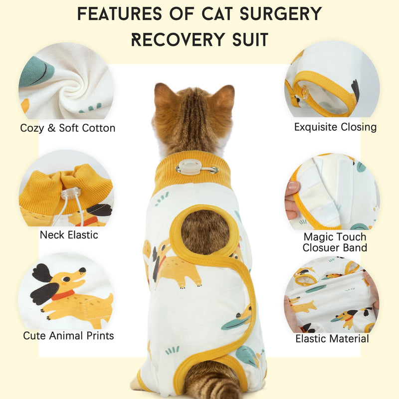 DENTRUN Cat Surgery Recovery Suit Female Male Soft Onesie, Kitten Surgical Collar Cone Alternative Shirt, Abdominal Wounds Anti-Licking Pajama for Small Pets Spay, Cat Body Suit Post Surgery S Yellow Puppy