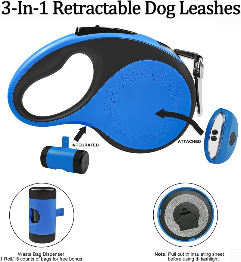 Best Dog Supplies Retractable Dog Leash with Waste Bag Dispenser and Flashlight, 26ft Dog Leash for Small Medium and Large Dogs up to 110lbs, One Button Break & Lock Soft Anti Slip Grip - Blue - PawsPlanet Australia