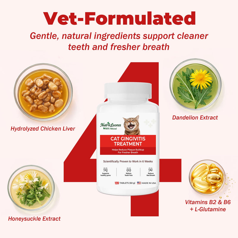 Cat Dental Care – Relieves Gingivitis – Inhibits Plaque & Tartar Buildup, Protects Gum Health and Relieves Bad Breath and Bleeding Gums, Natural Plant Extracts, 120 Easy-To-Swallow Tablets