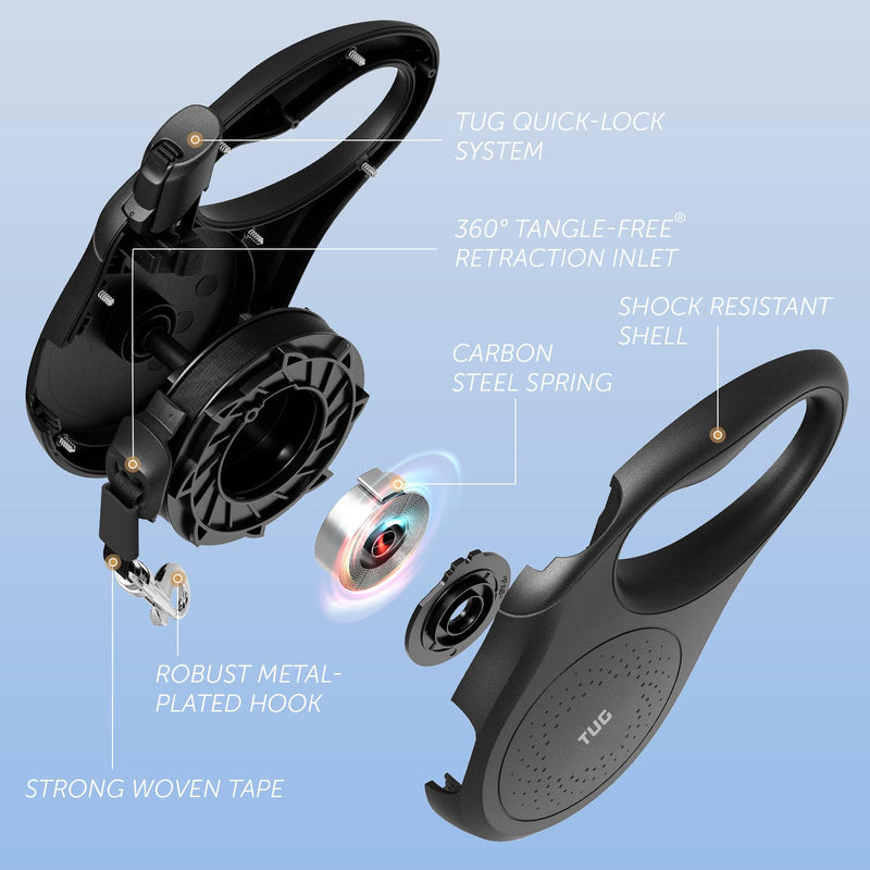 TUG Quest Retractable Dog Leash | 360° Tangle-Free Retraction | 16 ft Strong Nylon Tape (Medium, Black) - PawsPlanet Australia