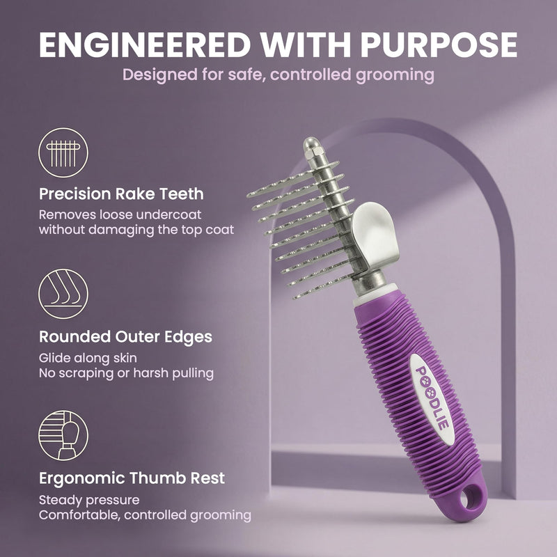 Poodle Pet Dematting Fur Rake Comb Brush Tool with Long 2.5” Steel Safety Blades for Detangling Matted or Knotted Undercoat Hair, Safe Grooming Accessories for Dogs, Longhaired Cats, Rabbits, Horses