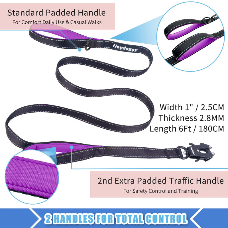 Strong Heavy Duty Dog Leash - 6ft Reflective Nylon Training Leash with Soft Padded Double Handle & Auto Lock Frog Clip - Safety Traffic Control for Large Medium Small Dogs No Pull Walk BlackPurple,6ft 6FT x 1" x 2.8MM Black Purple - PawsPlanet Australia