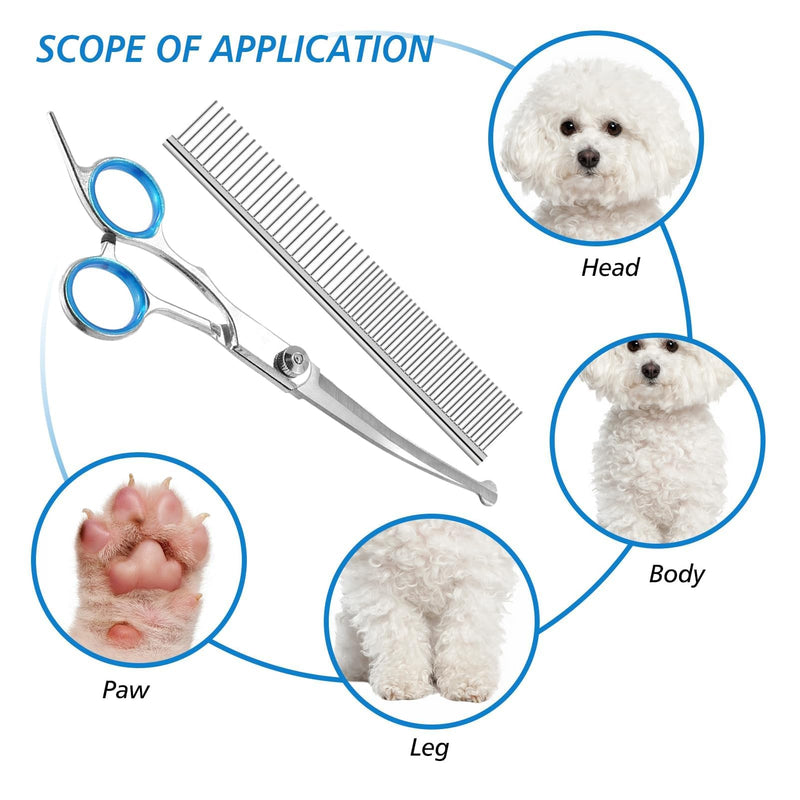 Dog Grooming Scissors Set with Safety Rounded Tips, 3-in-1 Stainless Steel Pet Dog Cat Grooming Tools with Sharp Straight Shears Curved Scissors and Comb for Face Ear Nose Paw Hair Trimming