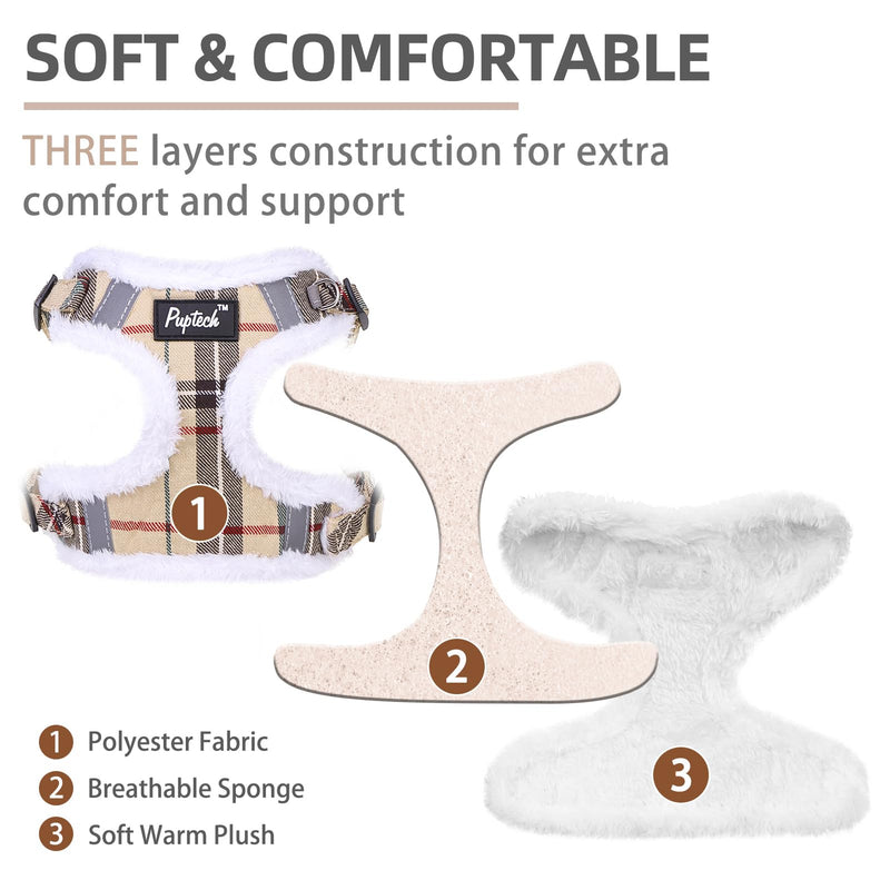 PUPTECK Dog Harness and Leash Set Small Sized, Step in No Pull Adjustable Puppy Cat Harness Reflective Pet Vest S (13-17lbs, Chest 15"-18") #3 Beige(Plush Plaid) - PawsPlanet Australia