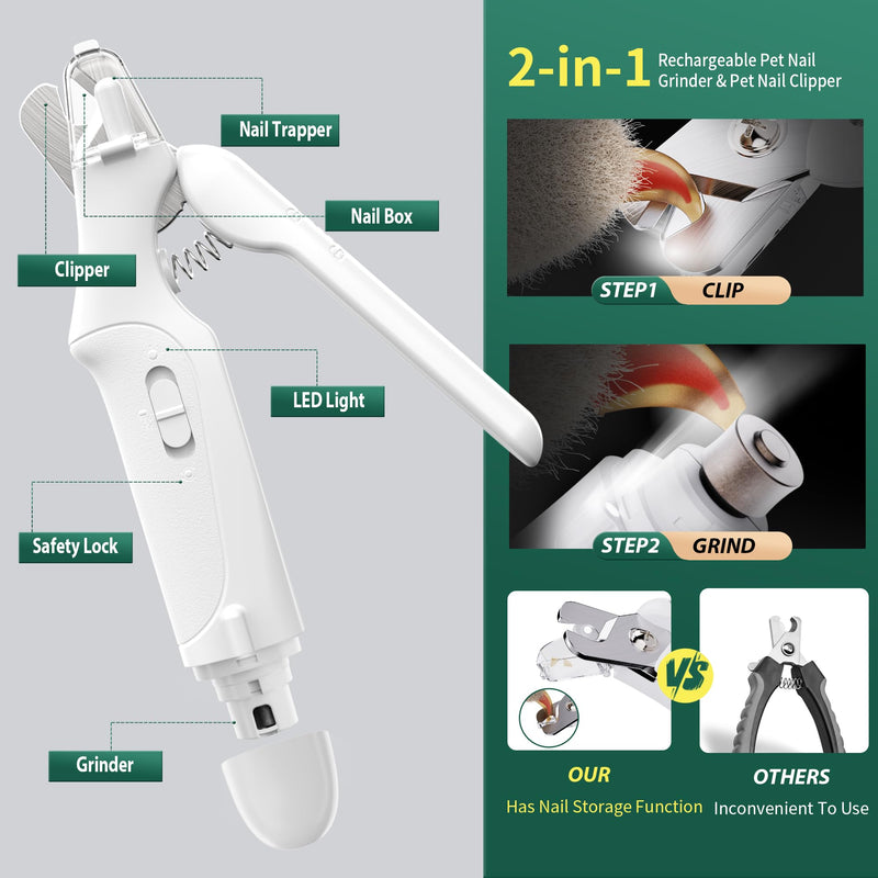 2-in-1 Dog Nail Grinder & Dog Nail Clippers Trimmers for Large Medium Small Dogs Cats Pets Claw Trimmer Quick Sensor and Safety Guard USB Rechargeable with 2 LED Lights - PawsPlanet Australia