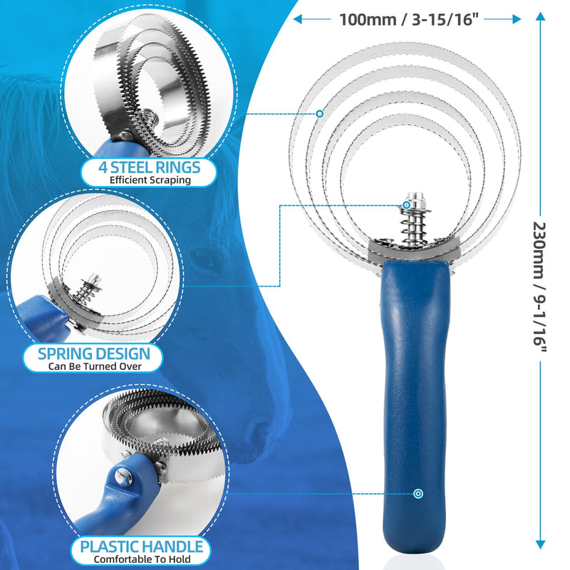 4 Rings Curry Comb Horse Brush, Reversible Stainless Steel Curry Comb Brush, Scraper With Handle Double Sided Shedding, Tool For Dog Horse Grooming Supplies (Blue) Blue - PawsPlanet Australia