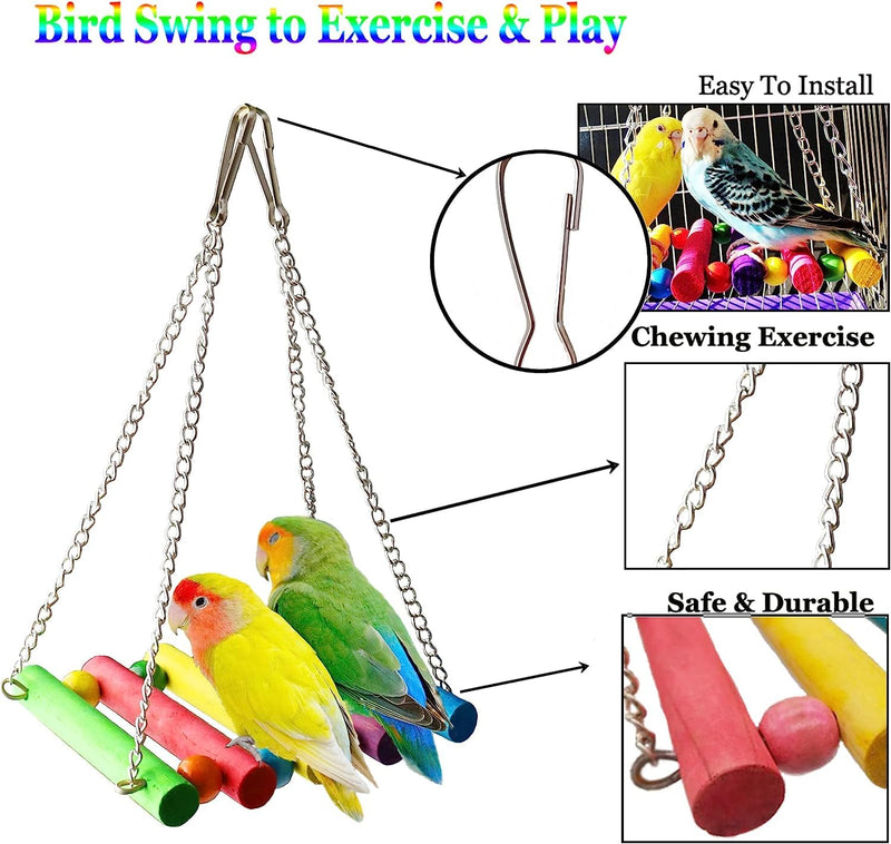 Bird Toys, Hanging Standing Hammock Swing Climbing Ladder Perch Bird Cage Toys for Cockatiel Budgerigar Conure Mynah Love Birds Finches