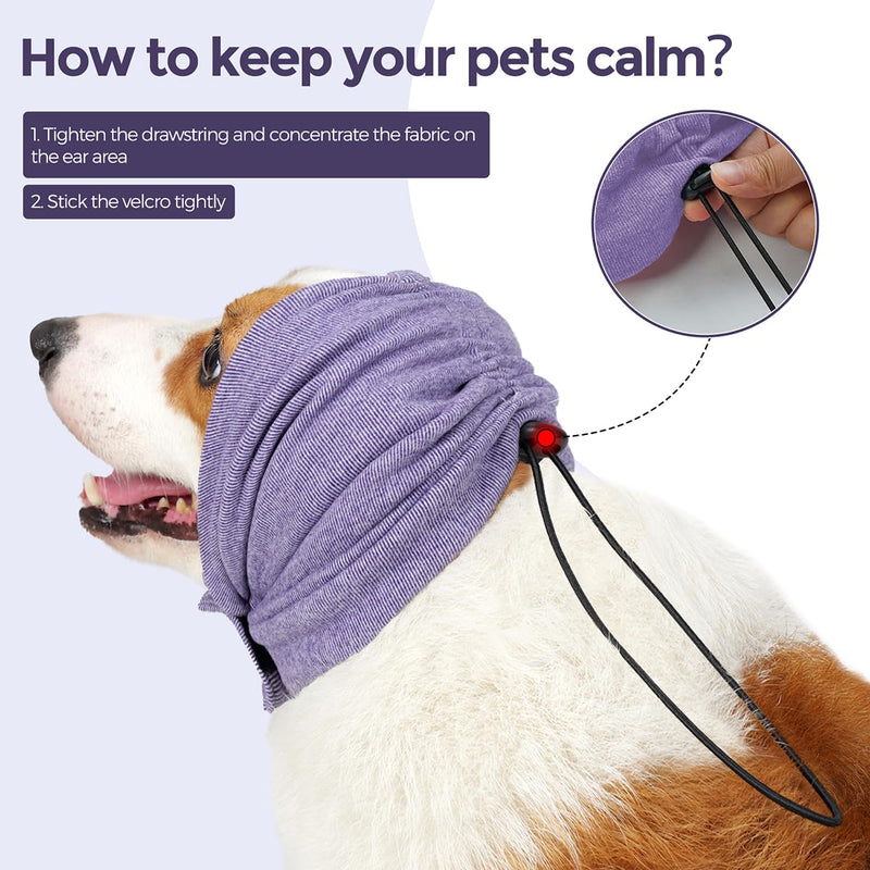 HEYWEAN Dog Ear Muffs with Velcro Noise Protection Hoodie for Dogs Breathable Calming Head Wrap with No Flap Ear Covers Anxiety Relief for Thunderstorms Purple Medium