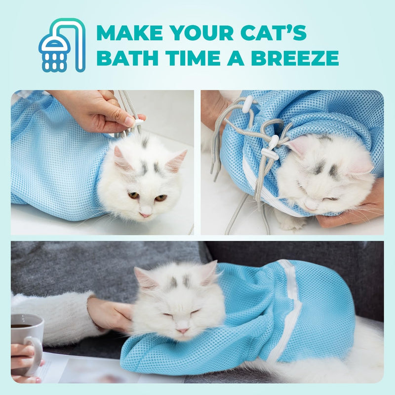 Dog Cat Bathing Bag - Anti Scratch and Bite Pet Grooming Restraint | Adjustable Mesh Groomer Bags for Bath Washing, Shower, Nail Clipping, Medication | Small to Medium Cats and Dogs (Blue) - PawsPlanet Australia