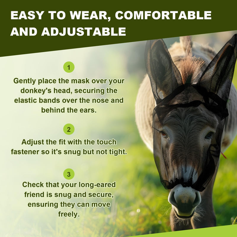 1 Pcs Small Donkey Fly Mask with Ear Protection Breathable Mule Fly Mask with Long Ears Protection from Insects and Bugs Soft Mesh with Adjustable Fastener Easy get on and Off(Black) Black 1