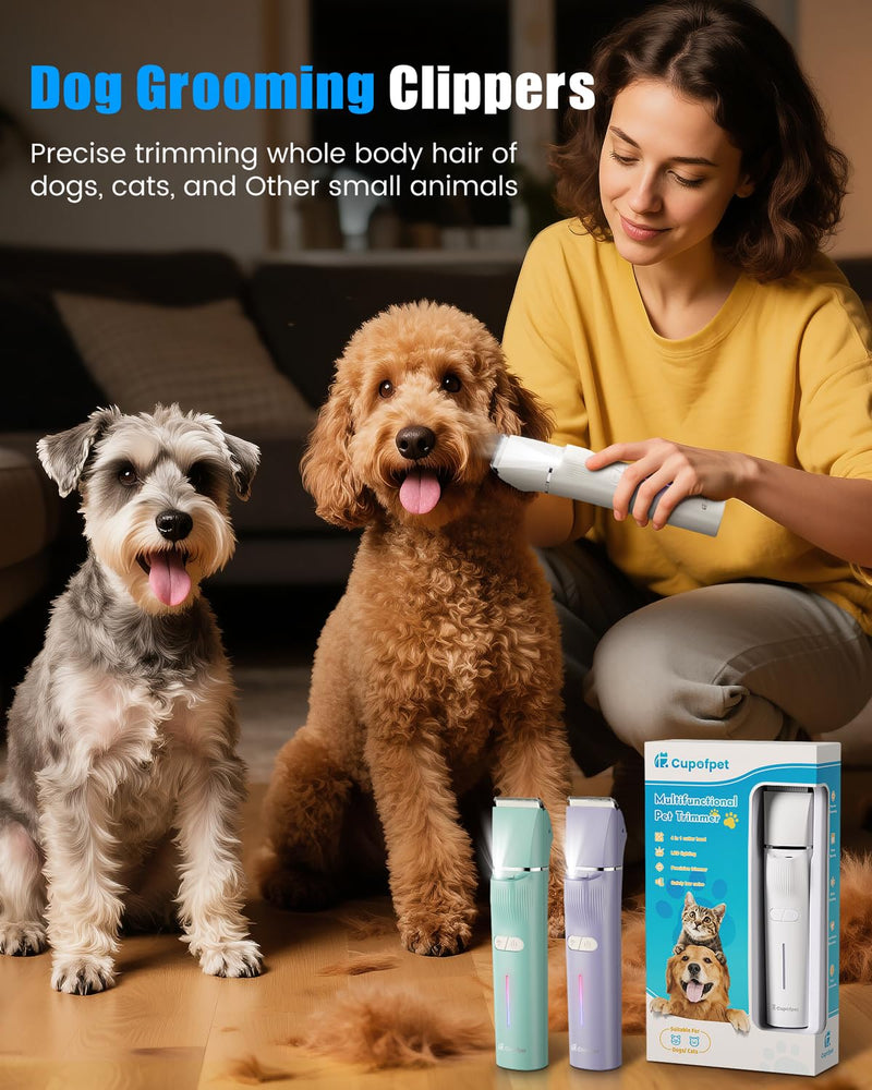 Dog Clippers Grooming Kit with LED Light 4-in-1, 2025 Upgraded Low Noise Dog Paw Trimmer Nail Grinder Grooming Clippers, 2-Speed Professional Pet Hair Trimmer Face Shaver for Paw,Nail,Body (Purple) Purple - PawsPlanet Australia