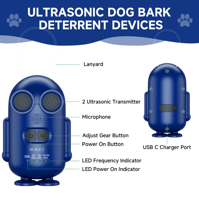 BOKKY 2 Pack Dog Bark Deterrent Devices in 3 Adjustable Modes Convertible Waterproof Anti Barking Silencer for Dog - Ideal for Outdoor and Indoor(Blue) 2PACK-BLUE - PawsPlanet Australia