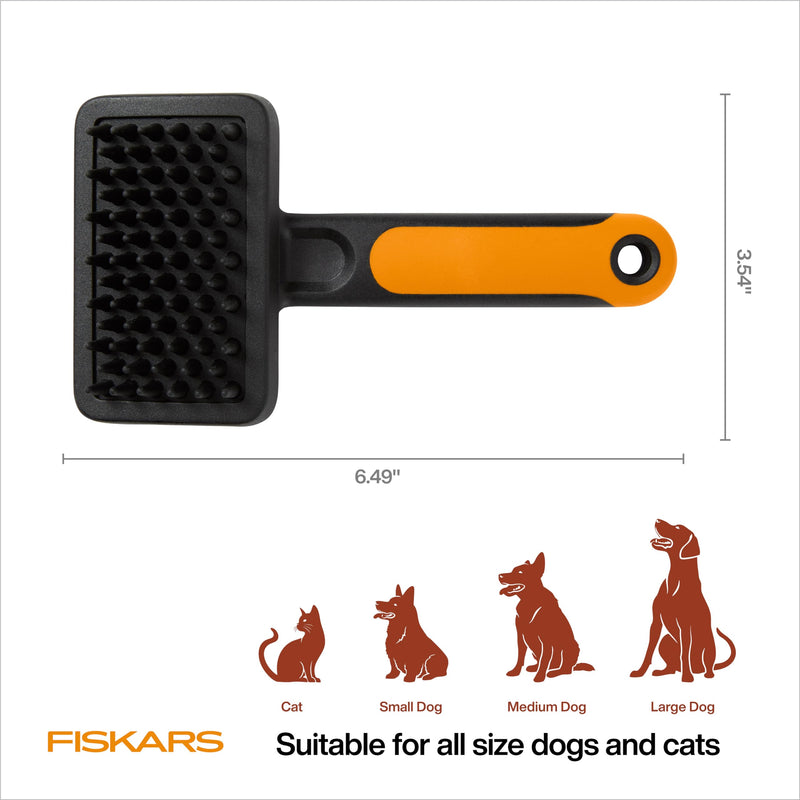 Fiskars Pet Massage Brush, Cat and Dog Brush, Flexible Silicone Bristles & SoftGrip™ Handle for Gentle Deshedding, 6.5”, Orange/Black