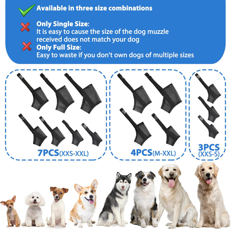 LUCKYPAW Dog Muzzle Suits for Small Medium Large Dogs, Mesh Muzzle Anti Biting Chewing, Breathable Mouth Cover Set with Adjustable Strap for Grooming Vet Visiting Training, 7 PCS(XXS-XXL), Black Full Size 7 PCS(XXS-XXL) - PawsPlanet Australia