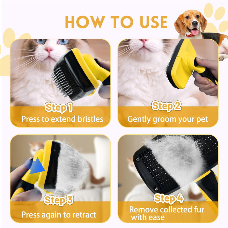 Large Self Cleaning Deshedding Brush for Dogs & Cats - One Button Hair Release Grooming Tool, Gentle Massage Brush for Long and Short Hair (Yellow) Yellow - PawsPlanet Australia