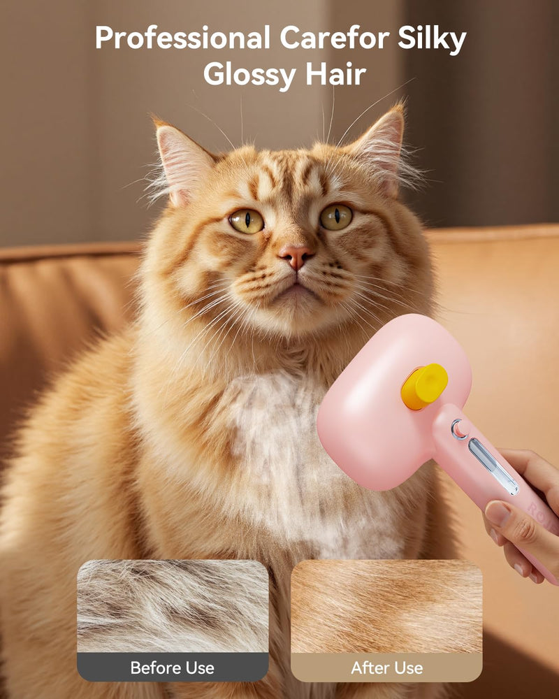 ROJECO 3-in-1 Pet Steam Brush for Cats&Dogs - Detangling Comb with Adjustable Mist, Handheld Deshedding Grooming Tool for Long/Short Hair, Massage Brush & Shedding Control Gift,Cordless,Pink Pink