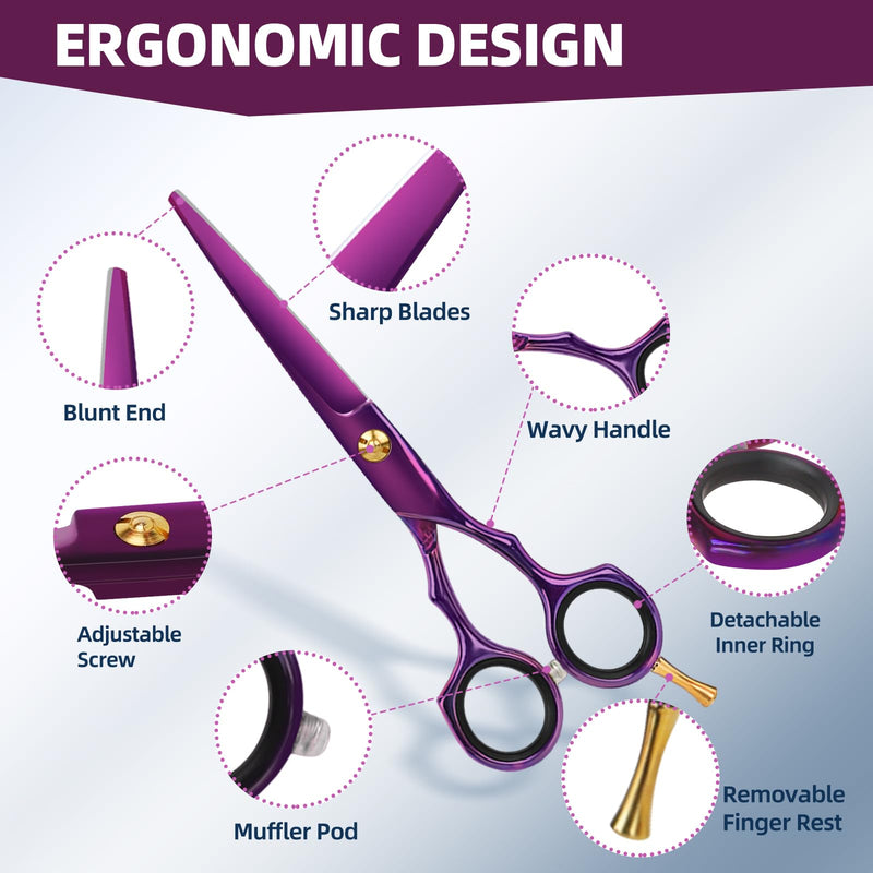 Professional Hair Cutting Scissors - 9 PCS Haircut Scissors Set with 29-Tooth Thinning Shears and Straight Shears for Men Women Home Salon Barber (6.5", Purple) 2-scissors set - PawsPlanet Australia