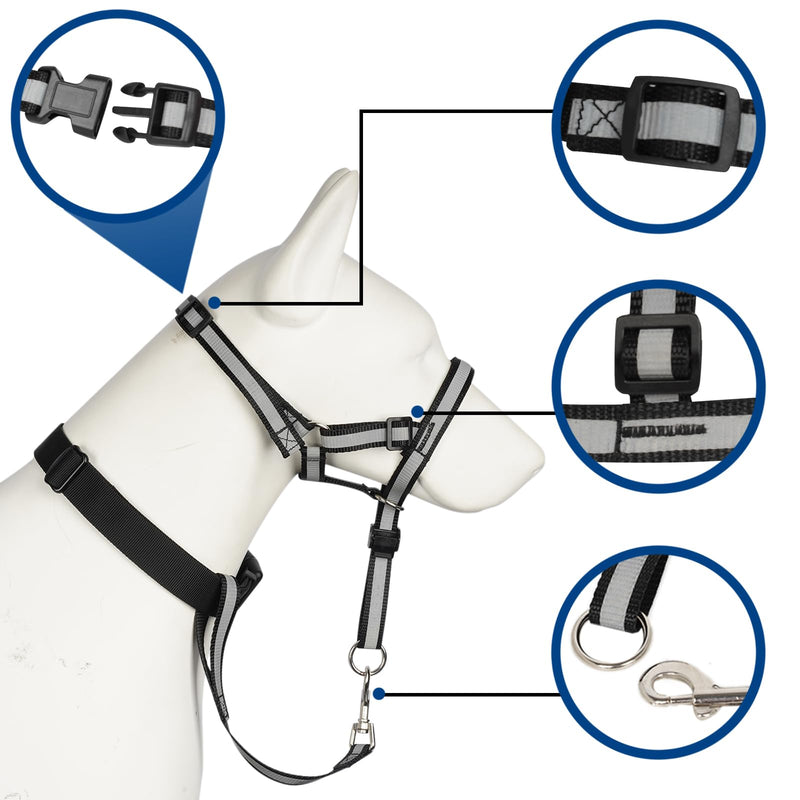 Reflective Head Collar, No Pull Collar for Large Dogs, Anti-Pull Muzzle Leash for Large Sized Breed, Adjustable Soft Dog Halter, Nose Leash for Easy Control on Walks Black L (Snout Cir: 9½"-14”)