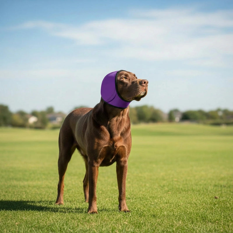 No Flap Ear Wraps for Dogs, Dog Ear Muffs Noise Protection & Anxiety Relief, Quiet Ears Cover Headband Waterproof Ear Protector for Fireworks Grooming Swimming Bathing, Purple M
