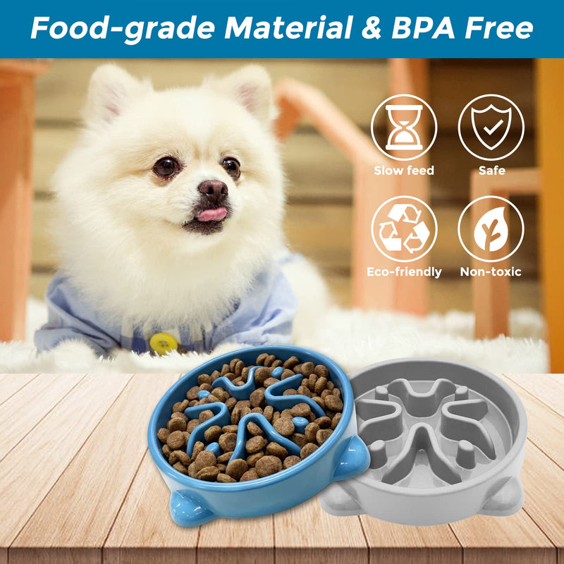 2 Pack Slow Feeder Dog Bowls Non Slip Puppy Bowl Durable Dog Puzzle Feeder Bloat Stop Dog Food Bowls for Puppy and Small Dogs, BPA Free, 1 Cup A-Blue & Grey-Small-1Cup