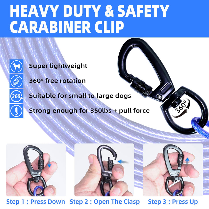 Dog Tie Out Cable,20FT Heavy Duty 4mm Outdoor Runner Cable with Shock Absorbing Spring and 360°Swivel Clips, Dogs Chain for Yard Training Running, Fit Medium Large Pets Up to 350lbs, Blue 20FT - PawsPlanet Australia