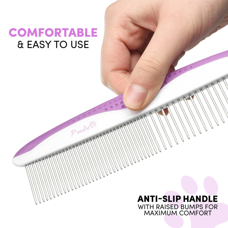Poodle Pet Dog Combs for Grooming | 2 Pack | Stainless Steel Teeth Easily Remove Dirt | Proper Care Prevents Knots and Mats for Long and Short Haired Pets | Anti-Slip Comfort Grip Handle (Purple) Purple