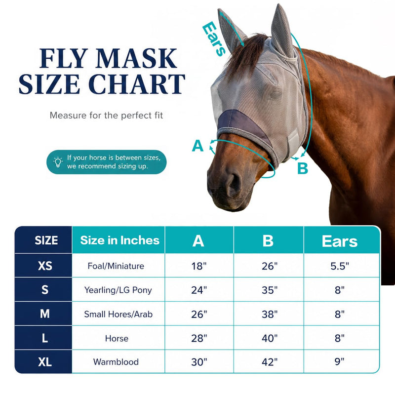 Horse Fly Mask with Ears - UV Protection Fine Mesh Super Comfort Fly Masks for Horses, Adjustable Breathability Horses Masks, Pony Equine Fly Mask for Miniature Foal Draft Cob Srabian Full (Gray, L) Grey