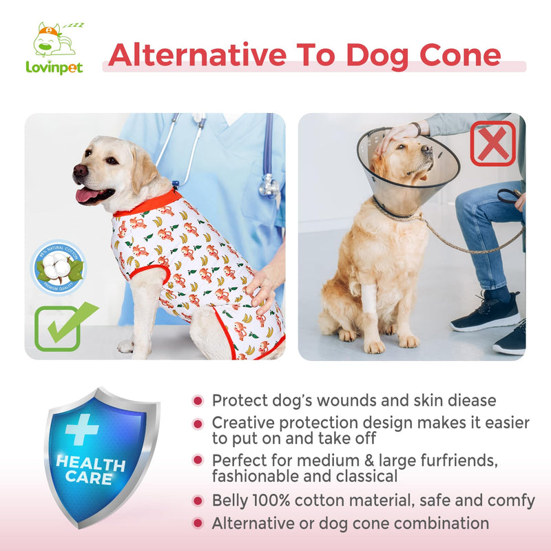 LovinPet Dog Recovery Suit, Anti-Licking Wound Protection for Large Medium Dogs, Shedding Control Full Body Coverage, Monkey Pattern, White, L