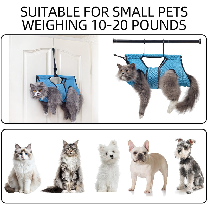 Pet Grooming Hammock for 10-20 lbs Pets - Door-Hook Hanging, Adjustable Height with Full Straps, Machine Washable, 1 Tool Bag Included, Blue