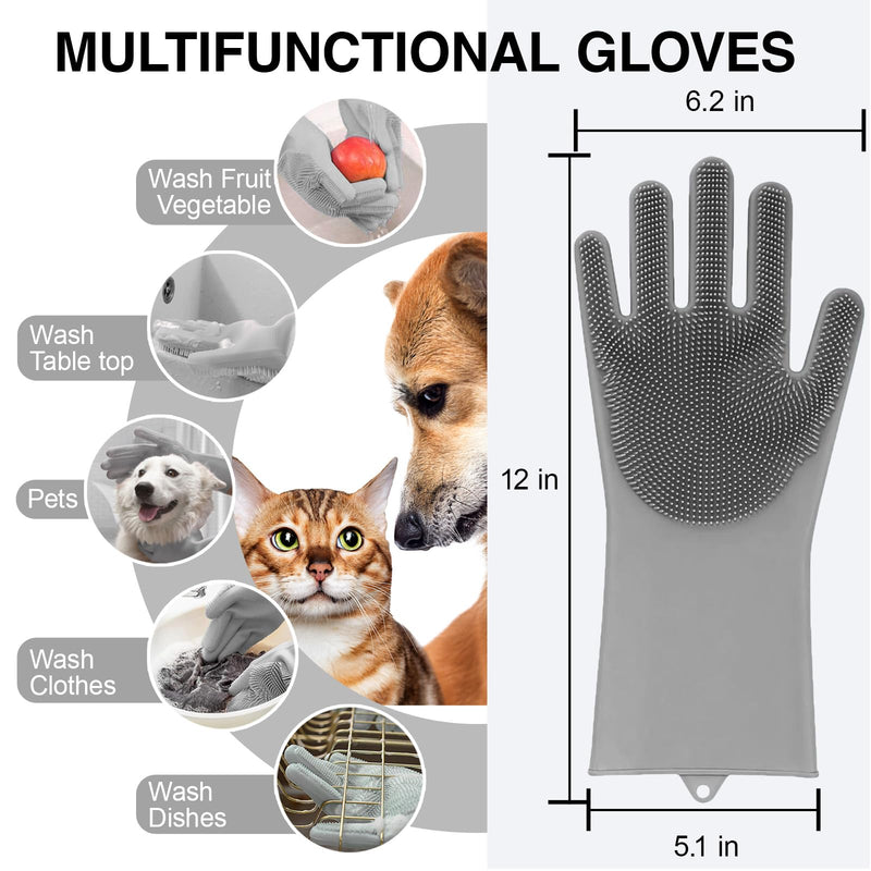 Dog Washing Gloves for Shedding & Bathing - 5-Finger Deshedding & Massage Gloves for Dogs & Cats, Reusable Heat-Resistant Silicone Brush Gloves, Gentle Hair Removal & Bathing Aid (Pair) (Grey) Grey