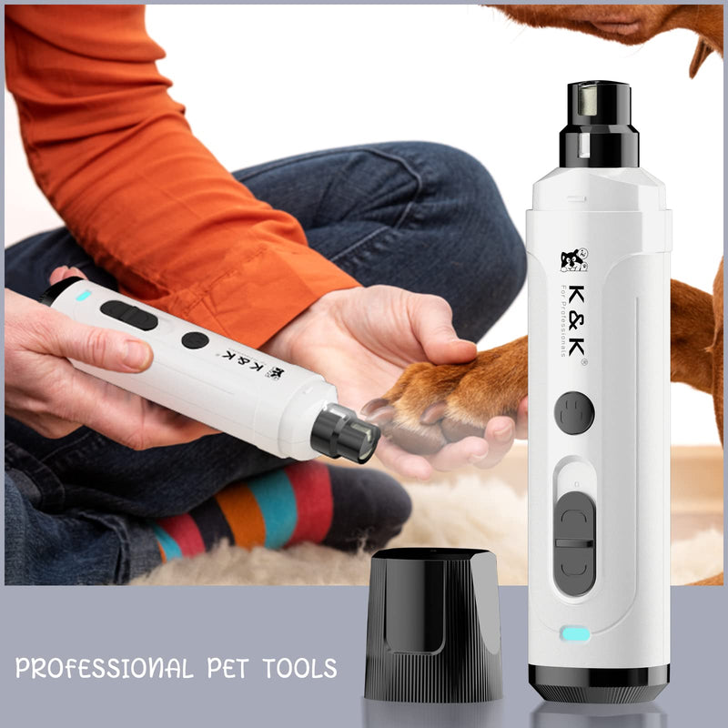 K&K Dog Nail Grinder with 2 LED Light for Large Medium Small Dogs Professional 2-Speed Powerful Electric pet Nail Clipper which Gentle and Painless Paws Grooming & Smoothing Tool (White) White - PawsPlanet Australia