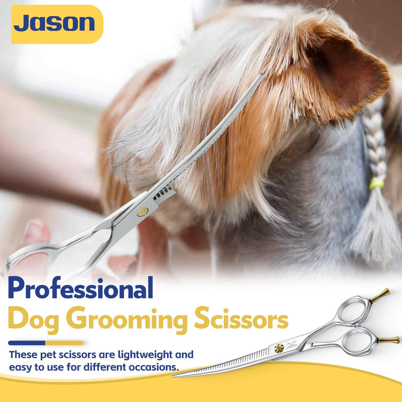 JASON 7" Dog Grooming Scissors - Up-curved Thinning Shears with 25%-30% Thinning Rate, Japanese 440C Stainless Steel Dog Blenders for Grooming with Adjustable Screw (32 Teeth, Silver) Christmas Gift - PawsPlanet Australia