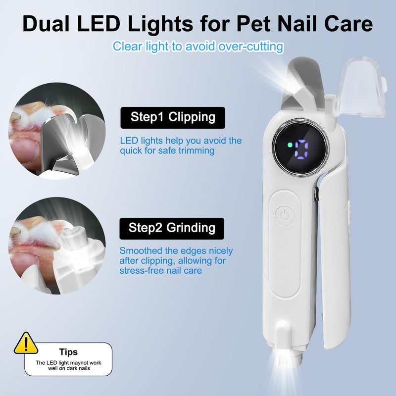 2-in-1 Dog Nail Clippers and Grinder, Electric Dog Nail Trimmer for Large Medium Small Dogs & Cats with 3 Speeds, USB Rechargeable, Quick Sensor, Splash Guard & LED Lights, Safe & Painless (White) White - PawsPlanet Australia