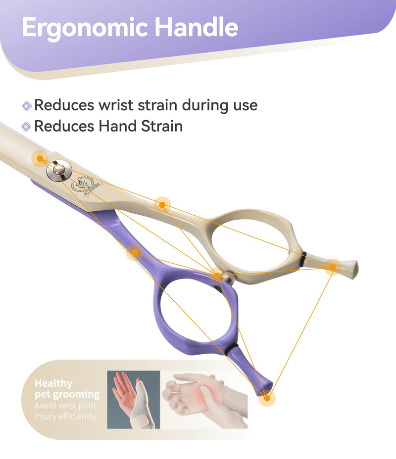 Fenice Peak Curved Dog Grooming Scissors with Coating 440C Stainless Steel, 7 inch Professional Curved Shears Dog Grooming，25 Degree of Curved Blade，Pet Shear for Trimming Face and Paw, Violet & White 7" Violet&white - PawsPlanet Australia
