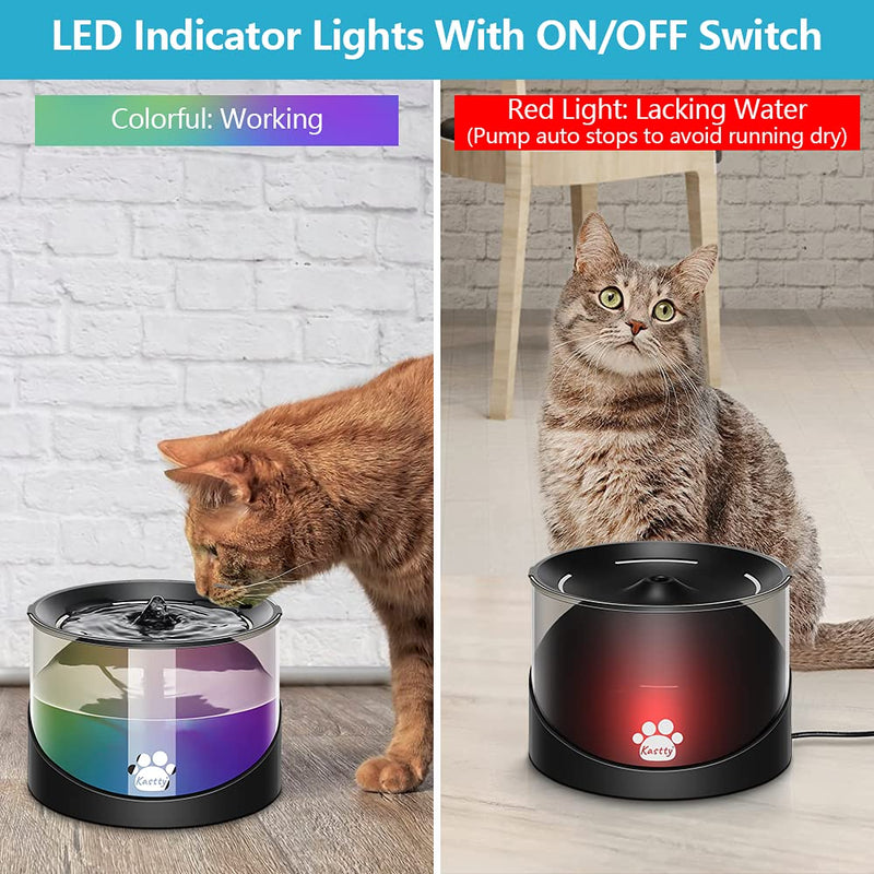 Kastty Super Quiet Water Fountain for Cats Inside, Pet Water Fountain for Kitty, Cat Waterer, Dog Bowl Dispenser 2.2L/74oz,with Super Long Life Span Pump, Black+Colorful LED Light - PawsPlanet Australia