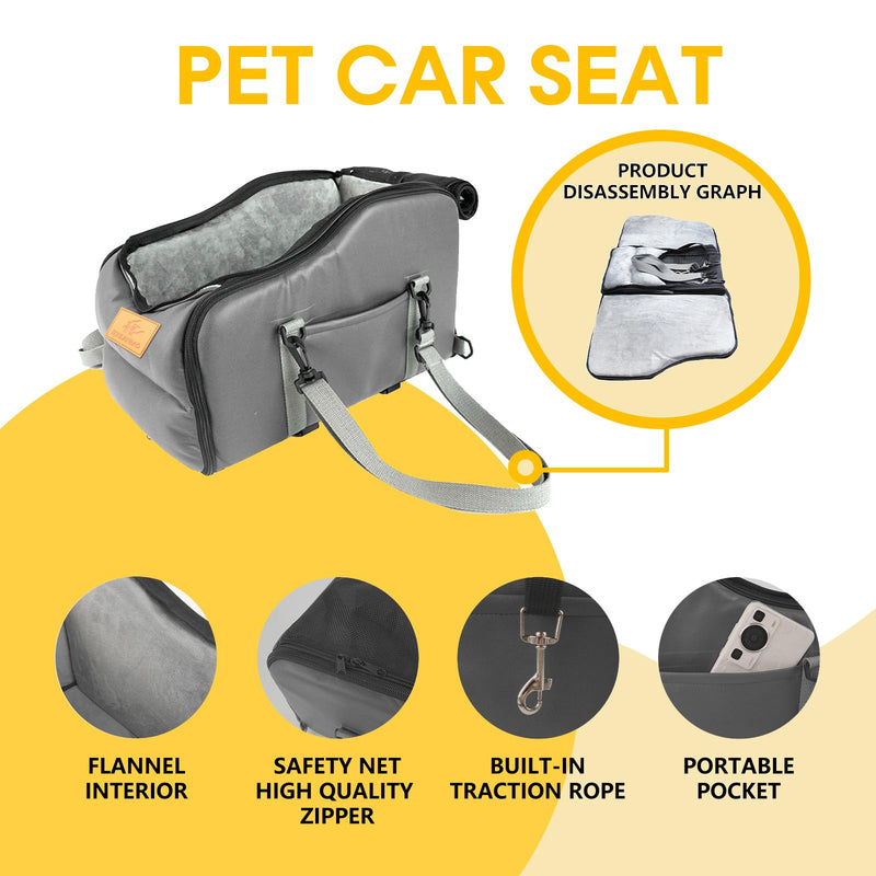 Multipurpose Console Dog Car Seat for Small Dogs & Cats， Portable Pet Carrier with Safety Tether & Storage Pockets (Black, Middle) Grey - PawsPlanet Australia