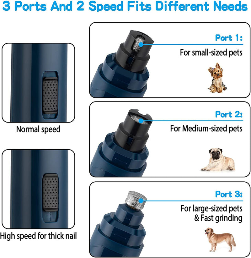 Casfuy Dog Nail Grinder Upgraded - Professional 2-Speed Electric Rechargeable Pet Nail Trimmer Painless Paws Grooming & Smoothing for Small Medium Large Dogs & Cats (Dark Blue) B-Dark Blue