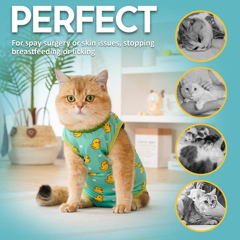 Avont Cat Recovery Suit Bundle with Adjustable Cat Cone Collar, Transparent PVC Anti-Lick E-Collar for Cats After Surgery - M