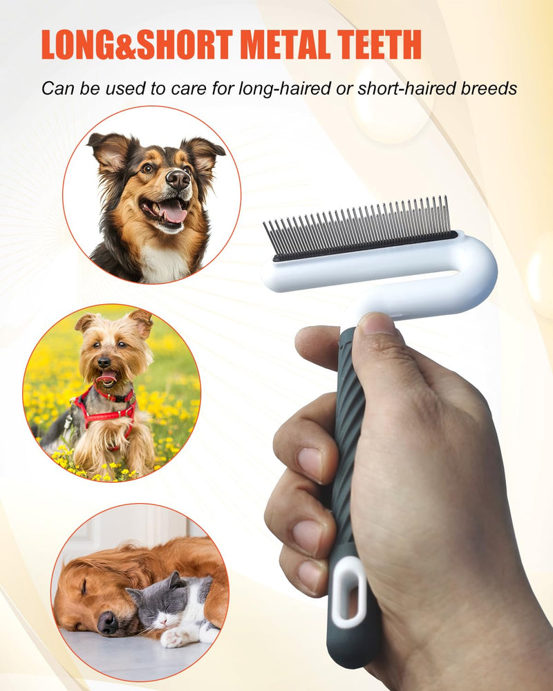 2 PCS Pet Comb with Long & Short Stainless Steel Teeth,Flea and Tick Comb for Dogs & Cats,Pet Grooming Brush for Short&Long Hair,2 different shapes with Rubber Handle - PawsPlanet Australia