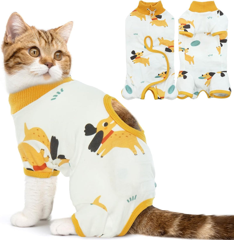 DENTRUN Cat Surgery Recovery Suit Female Male Soft Onesie, Kitten Surgical Collar Cone Alternative Shirt, Abdominal Wounds Anti-Licking Pajama for Small Pets Spay, Cat Body Suit Post Surgery S Yellow Puppy