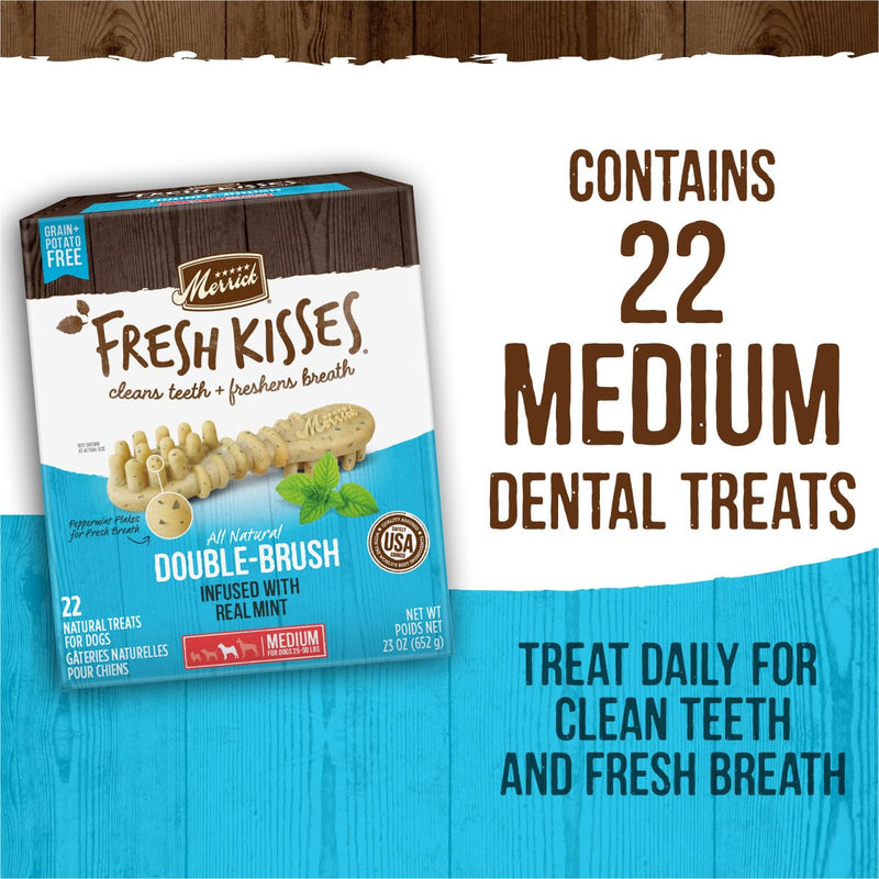 Merrick Fresh Kisses Dog Dental Chews Infused With Real Mint for Medium-Sized Dogs, Grain-Free Pet Treats, 23.0 oz. Box 22 Count (Pack of 1) - PawsPlanet Australia
