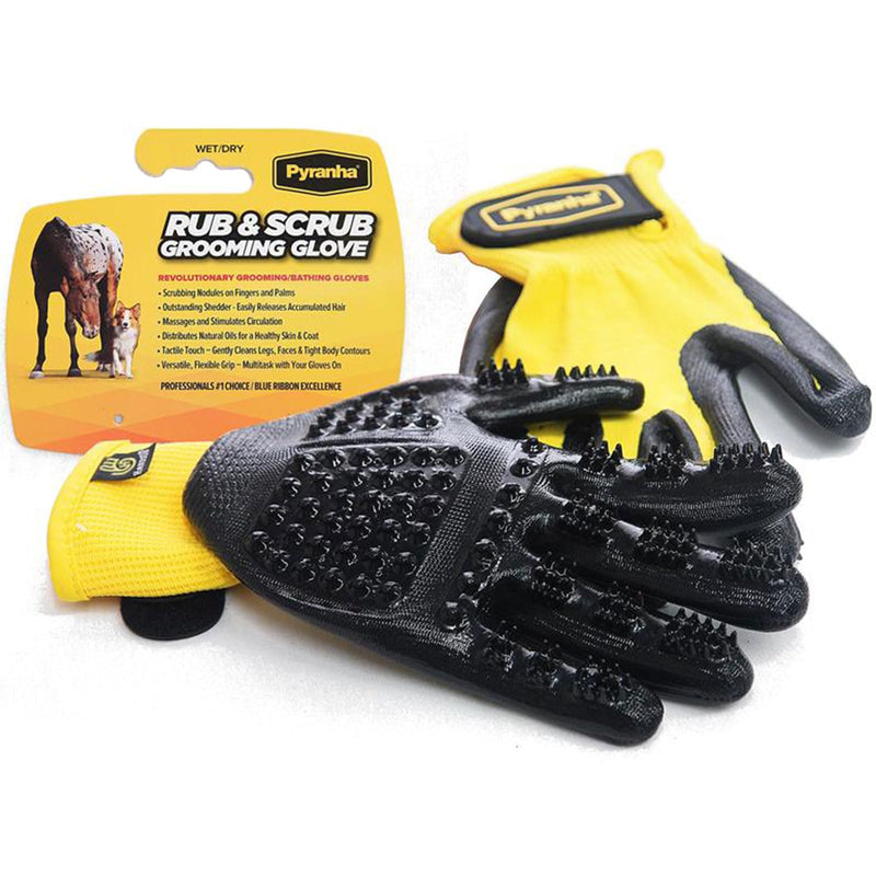 Pyranha Rub & Scrub Grooming Gloves | Multipurpose Shedding & Bathing Tool with Scrubbing Nodules | Removes Hair, Cleans Coat & Massages Muscles | Use Wet or Dry Medium
