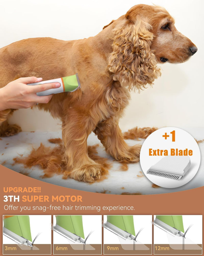 Unibono Dog Grooming Clipper Kit, Quiet Cordless Pet Clipper for Dogs & Cats, Silent Dog Cat Shaver for Paws, Claws, Eyes, Ears, Face with Grooming Scissors Comb, Green - PawsPlanet Australia