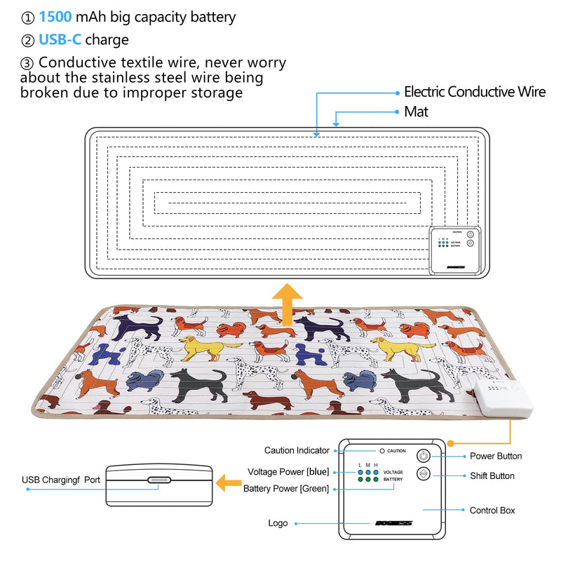 Scat Shock Mat for Dogs and Cats, Safe Shock Training Pads Indoor, Electric Repellent Mat Keeps Pets Off Couch, Sofa, Counter Top, 3 Training Modes, 32" x 15" USB-C Charge Cartoon Dog(Rechargeable) 31.5" x 15"