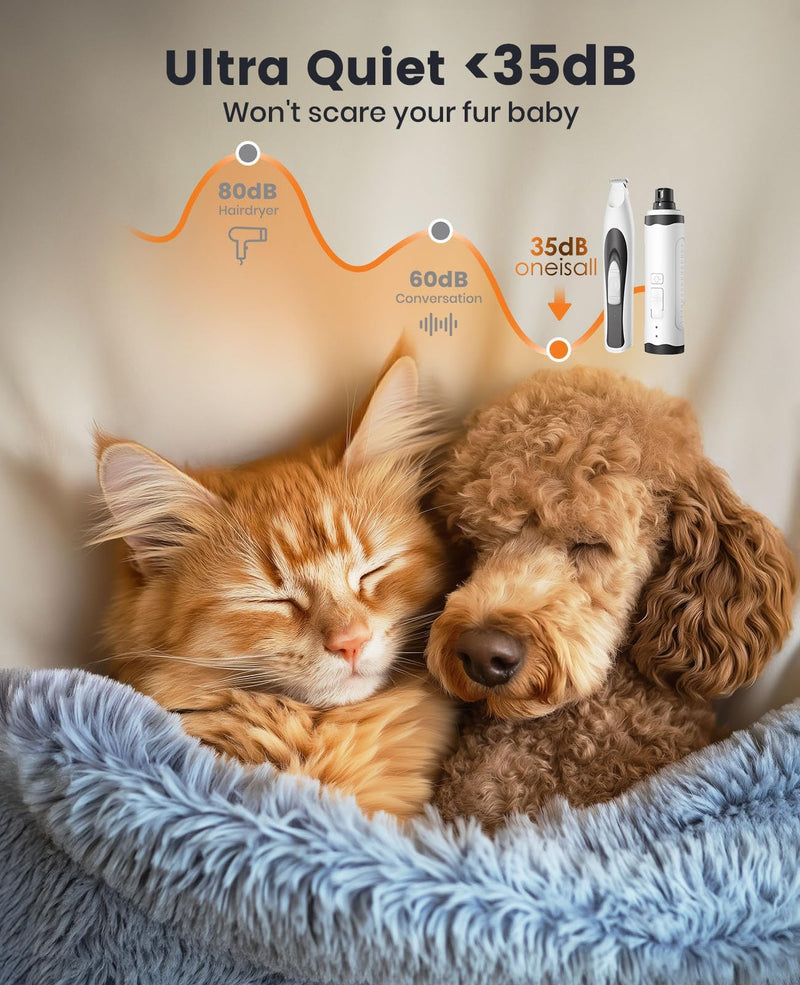 oneisall 2 in 1 Quiet Paw Trimmer and Dog Nail Grinder with LED Lights, 35dB Dog Paw Grooming Kit Rechargeable Cordless Pet Clipper - PawsPlanet Australia