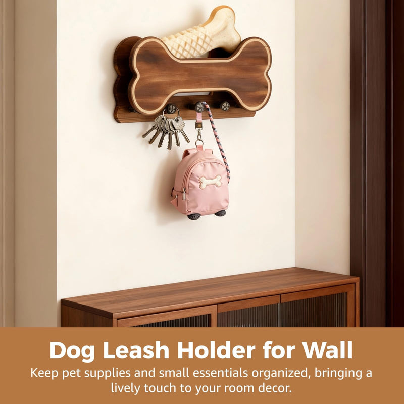 Doggie Bone Key Holder Wall Mount, Rustic Wooden Dog Leash Holder with 5 Hooks, Dog Stuff Storage Shelf, Pet Accessories Organizer for Entryway, Living Room, 11.8 x 6.1 x 3.1 in - PawsPlanet Australia