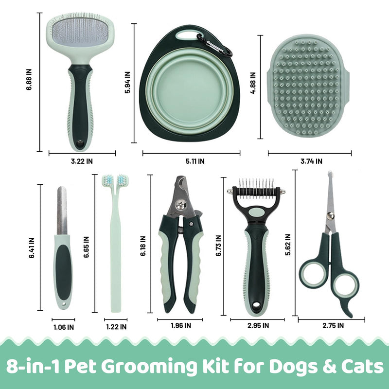 8-in-1 Pet Grooming Kit for Dogs & Cats - Includes Slicker Brush, Nail Clippers, Comb, Scissors, Toothbrush & Collapsible Bowl - Deshedding, Hair Trimming & Care Set, Travel Bag - PawsPlanet Australia