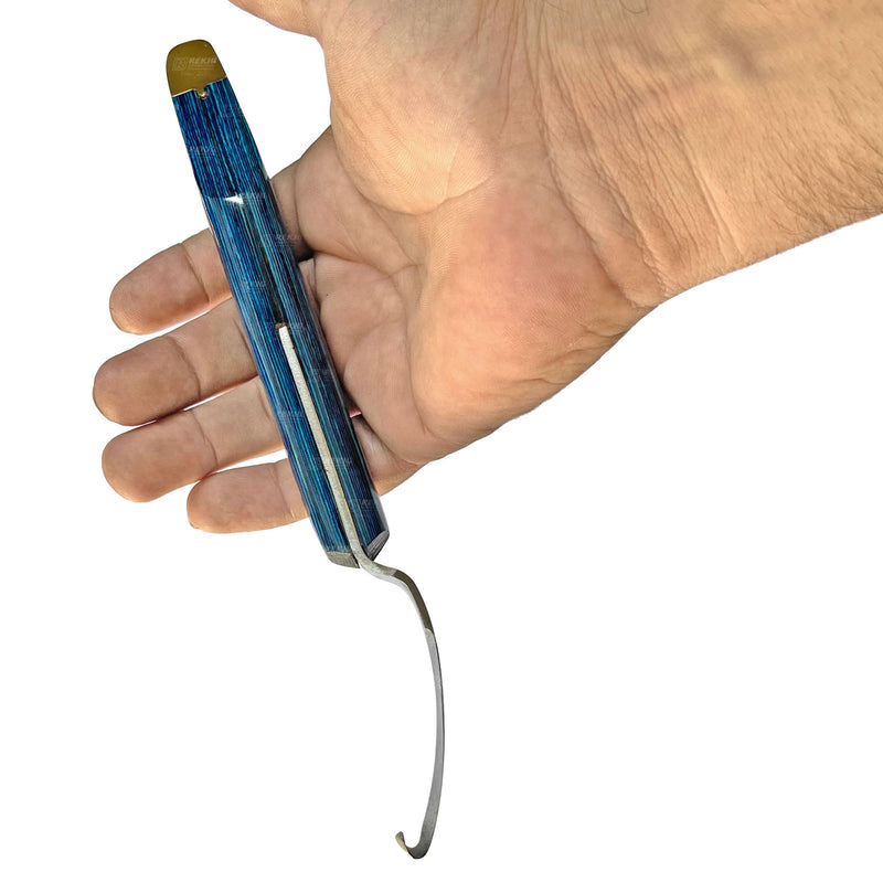 Farrier Hoof Knife with Brass Topper (Right) by Rekhi. J2 Japanese Stainless Steel known for its strength, durability, and corrosion resistance, Farrier and Equestrian Hoof Care Knife, RI-HKR-29
