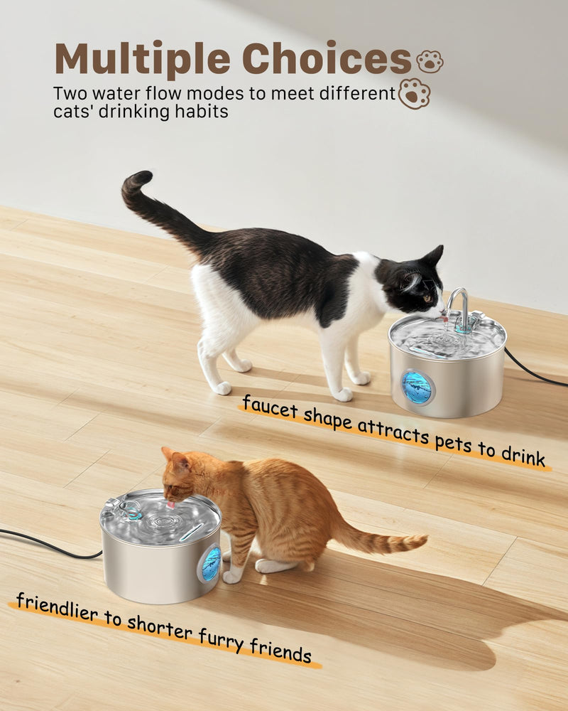 Cat Water Fountain Stainless Steel: 74oz/2.2L Cat Fountain for Drinking - Pet Water Fountain for Cats Inside - Quiet Cats Water Bowl Dispenser - Kitty Drinking Fountains - for Pets& Small Animals 74oz Fountain - PawsPlanet Australia